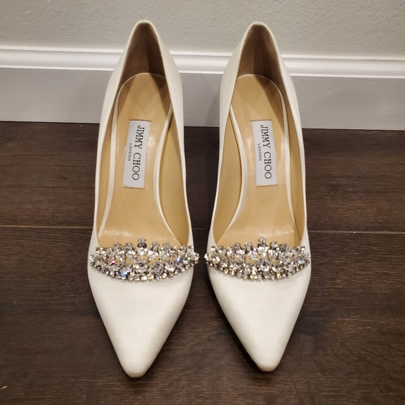 Jimmy Choo ROMY 85 Crystal Tiara Ivory Satin Pumps - Picture 6 of 10
